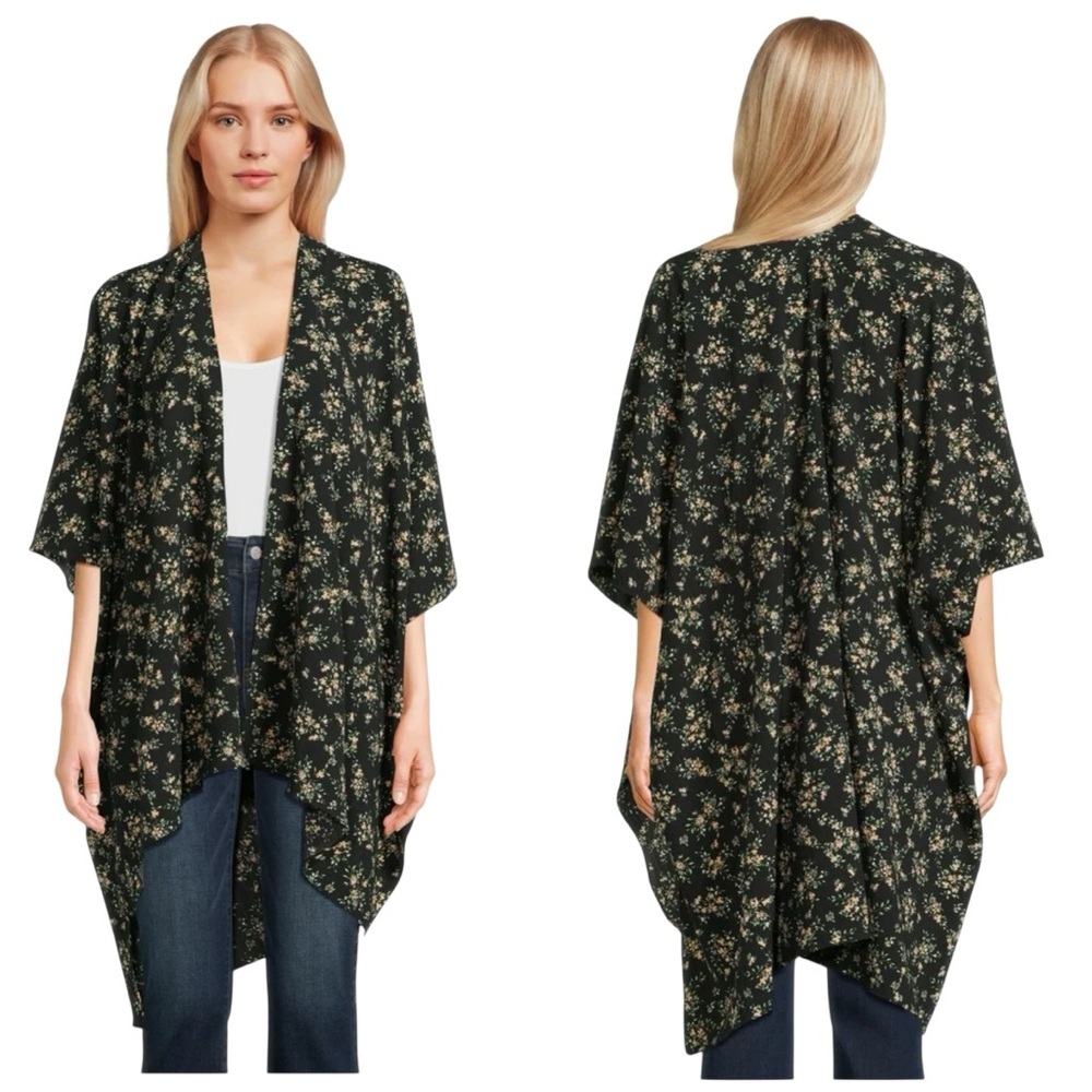 Time and Tru Printed Woven Layering Piece Floral Black Kimono Cardigan OS